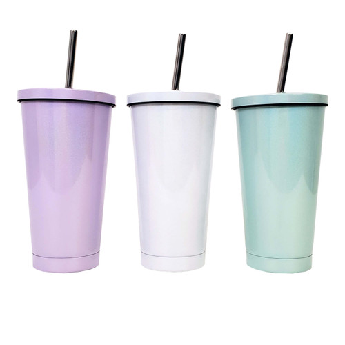 16oz Tapered Stainless Steel Rainbow Sparkle Straw Cup Sublimation Blank